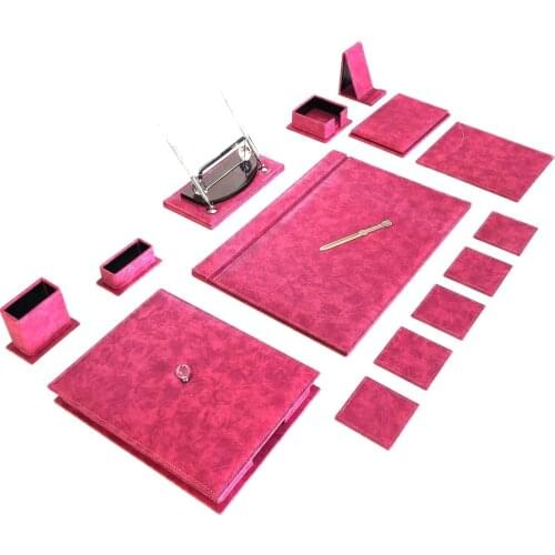 Office Desk Pad Set Luxury Pink Modern Design Nameplate, Phone Holder, Document Organizer, Coasters, Ballpoint & Fountain Pen
