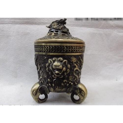 Song voge gem S0581 Folk Classic Bronze Copper Elephant legged Dragon Buddhism Censer incense burner