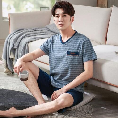 Stretch cotton pajamas mens summer thin striped short-sleeved v-neck summer large size casual wearable youth home service suit