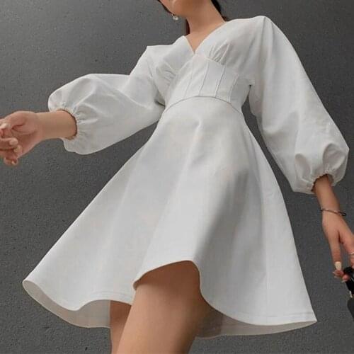 V Neck Summer Women Solid Color Lantern Half Sleeve A Line Mini Dresses Casual Slim Waist White Fashion Vestidos Female Elegant