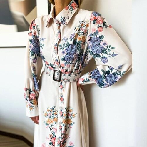 Autumn and winter new temperament is thinner printed long-sleeved mid-length Hepburn style dress