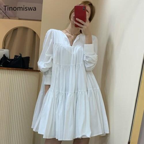 Pleated Design Dress Women Spring 2021 New Solid V-Neck Long Sleeve Dresses Femme Korean Chic Loose Office Lady Vestidos A855