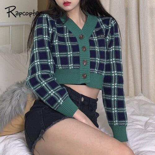 Rapcopter Green Plaid Knitwear Y2K Retro Ling Sleeve Cardigans Button Up V Neck Knitted Jumpers Preppy Outfits Women Autumn 90S