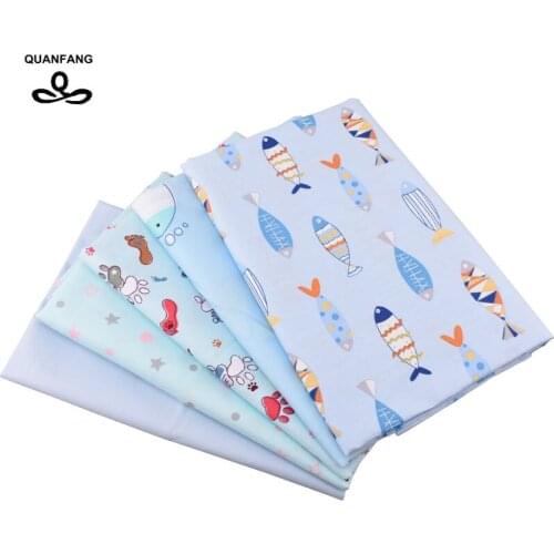 QUANFANG Fish&footprintsPrint Twill Cotton Fabric For DIY Quilting Sewing Of Baby&Children/Sheet,Pillow,Cushion,Curtain Material
