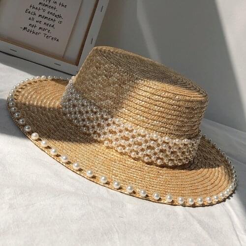 2021 Pearl Decoration RAFFIA Sun Hat For Women Flat Top Jazz Fedoras Panama Summer Straw Hat Brief Blue Girdle Beach Hat Gifts