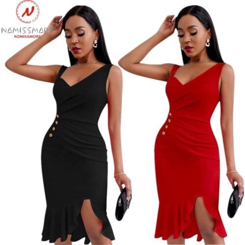 Sexy Women Summer Solid Pencil Dress Shrinkage Design Button Ruffles Decor Sleeveless V-Neck Mid Waist Slim Hips Mermaid Dress