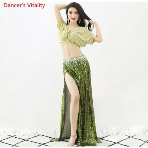 Belly Dance Top Or Skirt V-Neck Ice Silk Shirt Sequins Split Skirt Practice Clothes Oriental Dancing Adult Performance Clothing