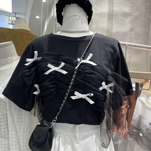 Spring Niche Design Short-sleeved Round Neck Bowknot Mesh Stitching Loose and Thin Korean T-shirt Top Women