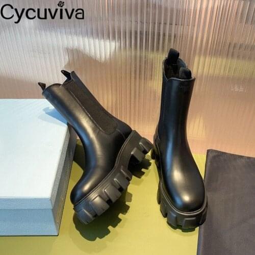 Genuine Leather Mid-calf Boots For Women Slip On Chunky Heel Shoes Round Toe Casual Motorcycle Boots Feminina Botas Winter Shoes