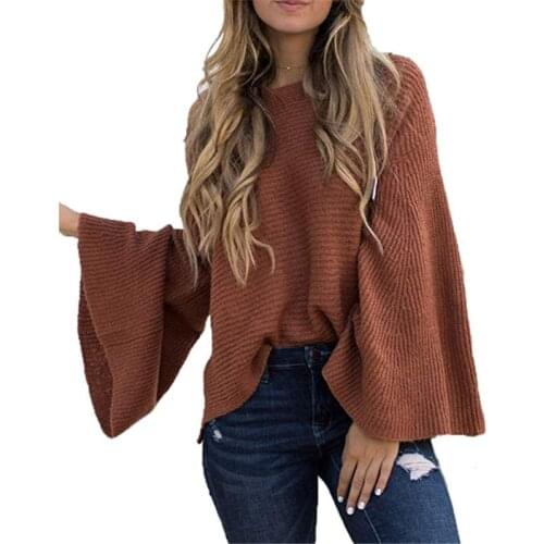 Women Solid O Neck Flare Sleeve Knitted Sweater 2019 Autumn Winter Fashion Female Pullover Sweaters Ladies Loose Casual Knitwear