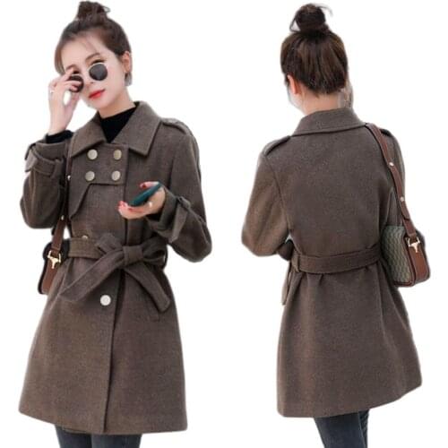 Double-Breasted Woolen Coat Womens Autumn And Winter 2021 New Slim And Thin Polo Lapel Belt Fashion Woolen Jacket