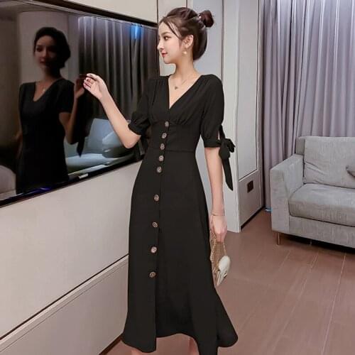 2020 New Summer French Retro Retro Slim Knee Bellflower Dress Single-breasted Waist V-neck Temperament Dresses Robe Femme Ete