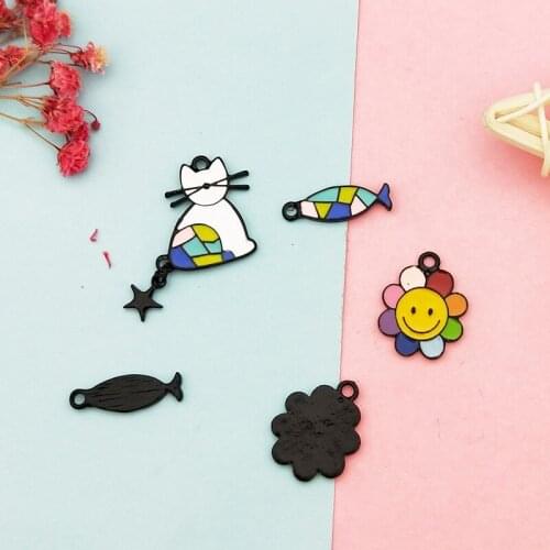10pcs Painted Black Metal Pendants Cat Fish Sunflower Enamel Charms Fit DIY Earring Bracelet Jewelry Making Accessory Handmade