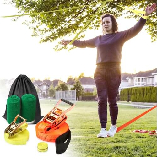 49ft Slackline Balance Rope Kit with Training Line Arm Trainer Tree Protector Ratchet Gloves Outdoor Backyard Family Fun Game