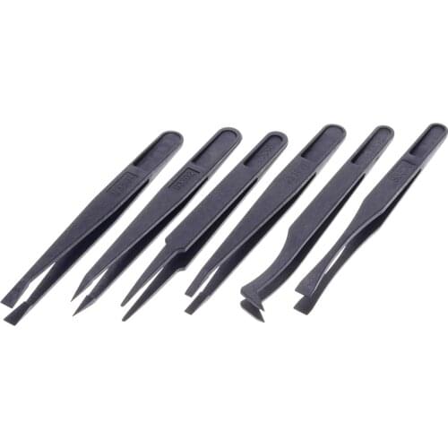 6pcs/set Tanti-static Plastic Tweezers Fine Black Tweezers Set Anti-static Fine Curve Tip Black Maintenance Tools For Electronic