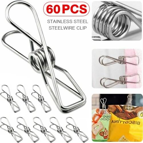 60pcs Stainless Steel Clothes Pegs Hanging Clip Pins Laundry Windproof Clamp For Laundry Storage & Organization