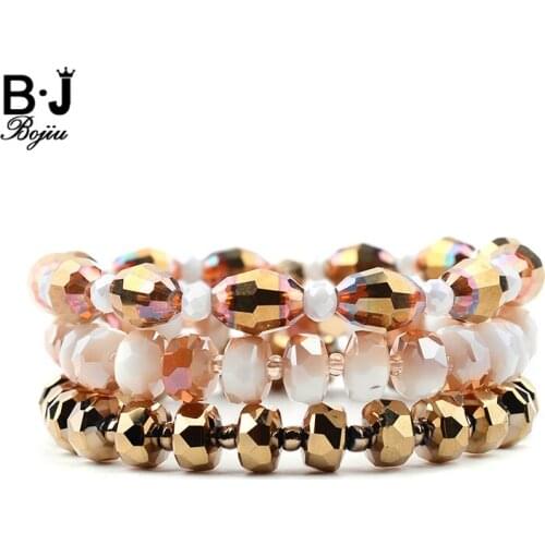 BOJIU 3 Pcs/Set Elastic Multilayer Women Crystal Bracelets Faceted Gold-color White AB Bracelets Trendy Ladies Jewelry BCSET245