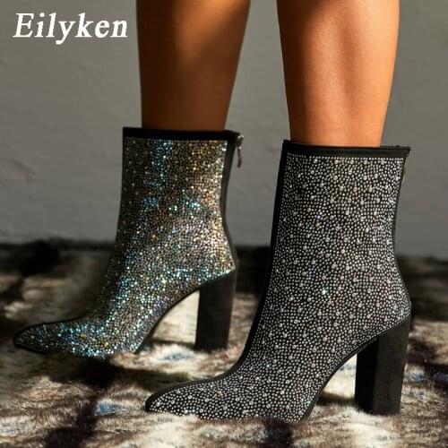 Eilyken New After Zip Ankle Boots Fashion Runway Flock Rhinestone Crystal Bootties sexy Pointed Toe Woman Square Heel Shoes
