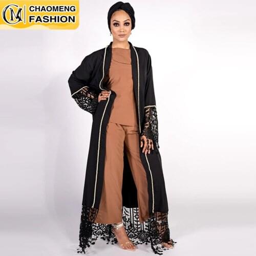 Muslim Women Open Abaya Kimono Long Lace Tassel Sleeve With Peals Latest Design Dubai Islamic Clothing Ramadan Turkey Arab
