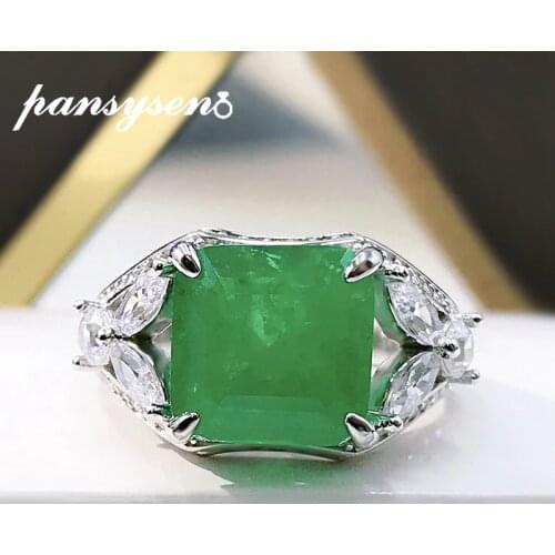 PANSYSEN Vintage 100% 925 Sterling Silver Emerald Simulated Moissanite Diamond Rings for Women White Gold Color Ring Wholesale