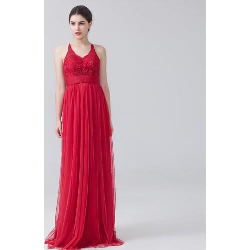 Scoop Neck Red Bridesmaid Dresses A Line Tulle Maid of Honor Robes Floor Length Party Gowns
