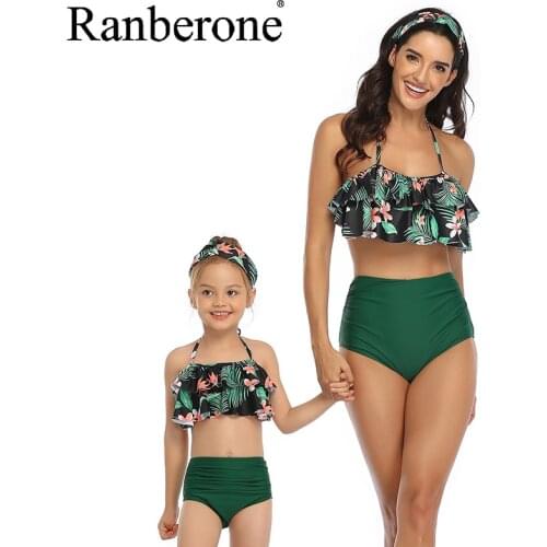 2020 Two Piece Parent-child Swimwear Flounce Halter High Waist Swimsuit Family Bathing Suit Girls Women Bikini Summer Swimwear