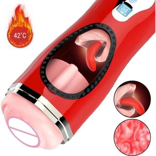 Tongue Licking Massager Male Masturbation Cup Vibrator Airplane Cups Heated Vagina Real Pussy Glans Sucking Sex Toys For Men