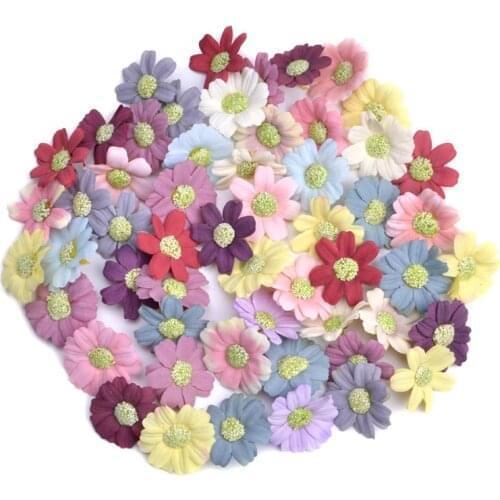 100pcs 4.5cm Multicolor Daisy Flower Head Mini Silk Artificial Flower for Wedding Home Decor Scrapbooking DIY Garland Headdress