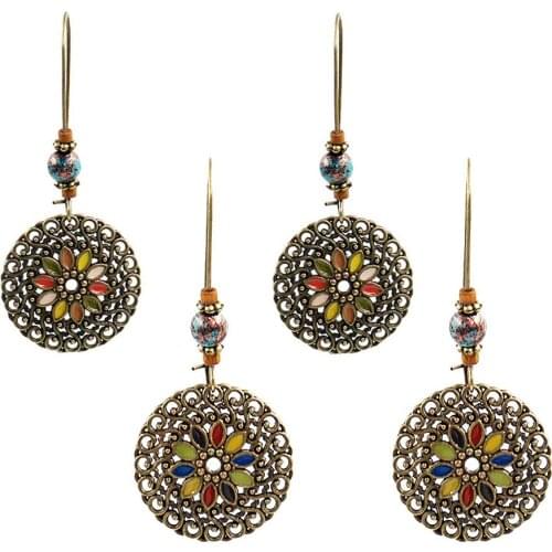 New Women Earrings Vintage Hollow Round Pendant Enamel Flower Dangle Long Openwork Carved 2018