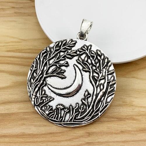 1 Piece Silver Color Boho Large Tree & Moon Round Charms Pendants for Necklace Jewelry Making Accessories 64x64mm