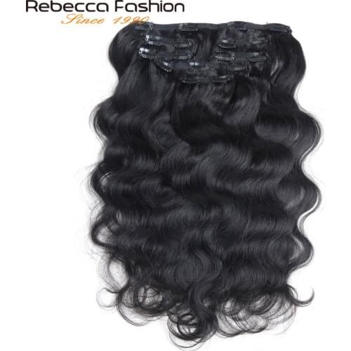 Rebecca Hair 7Pcs In Human Hair Extensions Body Wave Remy Hair Clip Color#1B Full Head 7Pcs/Set Remy Hair Weaves