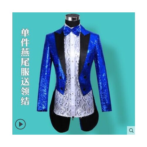 Blue clothes men Tuxedo suits designs masculino homme stage costumes singers jacket men sequins blazer dance star style dress