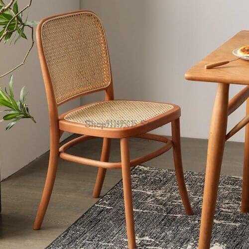 Nordic Solid Wood Dining Chair Home Retro Cafe Backrest Lounge Chair Woven Rattan Dining Table And Chair