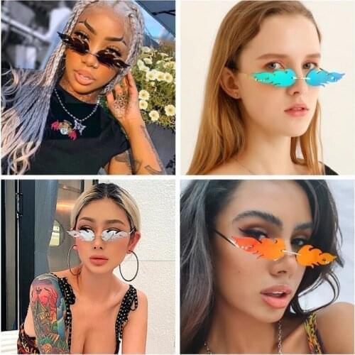 Fashion Motorcycle Bicycle Rimless Wave Sunglasses Fire Flame Streetwear Car Driving Glasses Trending Narrow Uv 400 Eyewear