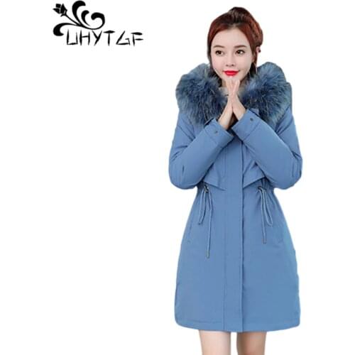 UHYTGF Woman Parkas Long Coat Plus Size Winter Jacket Women Warm Cotton Padded Coats Fur Collar Hooded Snow Outwear Overcoat 922
