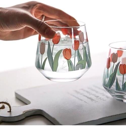 Beer Cup Vintage Tulip Print Transparent Beer Whisky Milk Glass Cup Home Restaurant Mug Creative Bar Glass Coffee Juice Cup