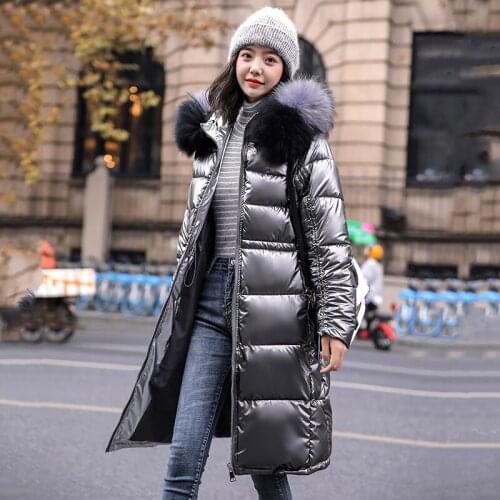 Womens Long Puffer Coat Slim Shiny Hooded Winter Jacket Women Hooded With Fur Collar Plus Size Thick Cotton Padded Casual Parka