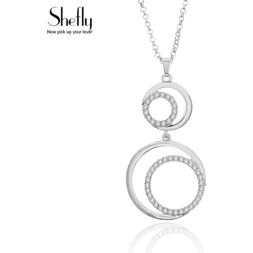 Women Fashion Round Necklaces Pendants Silver Color Double Circle Zircon Paved Necklace Women New 2020 Dropshipping