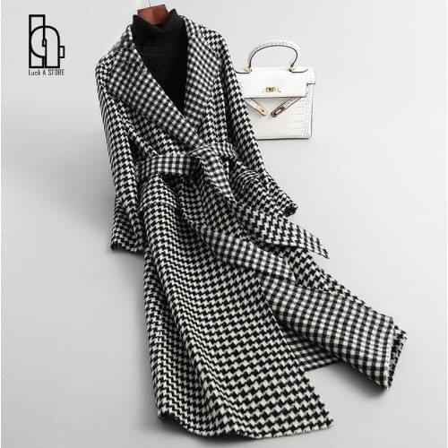 Winter Black White Check Belt Womens Coat Warm Checkered Coats Female 2021 Thicken Womens Jacket Long Overcoat