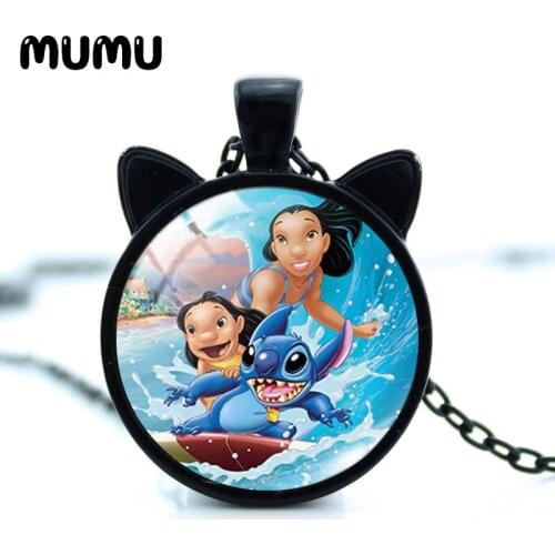 2021 New Lilo and Stitch Cat Ear Necklace Angel Glass Dome Pendant Round Photo Jewelry Gifts Girl