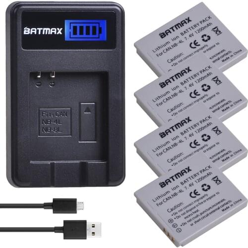 4X 1200mAh NB-4L NB 4L NB4L Batteries + LCD USB Charger for Canon IXUS 50 55 60 65 80 75 100 I20 110 115 120 130 IS 117 220 225