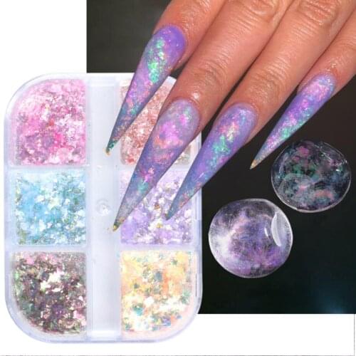 6Grid Crystal Opal Nail Sequins Holographic Powder Japanese Ultra-thin Ice Glitter Flakes Acrylic Shiny Nail Art Accessory NFOB