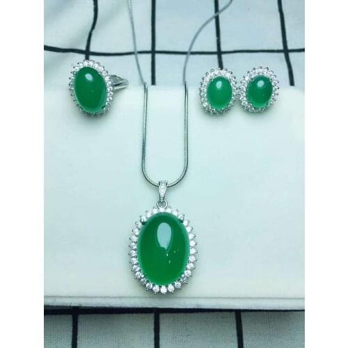 C40#925 silver inlaid natural chalcedony set, the jade face is clean and translucent