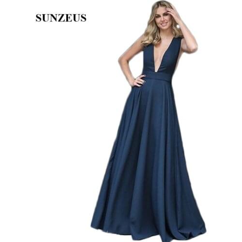 Deep V Neck Black Satin Prom Dresses 20201 A-Line Backless Formal Dress for Women Evening Party Gowns vestidos de noite
