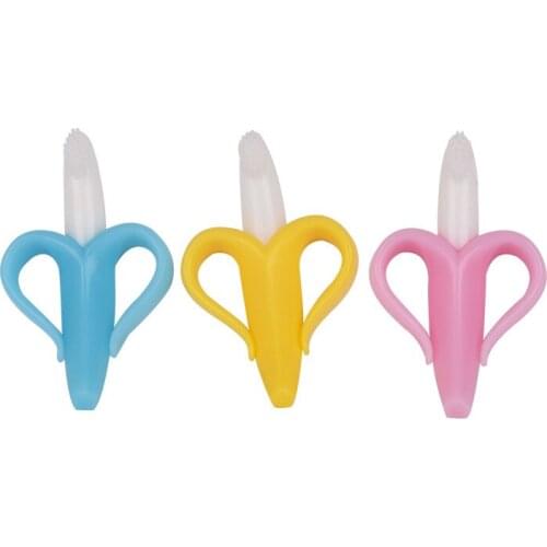 Baby silicone molar stick baby food grade banana teether children training soft hair toothbrush