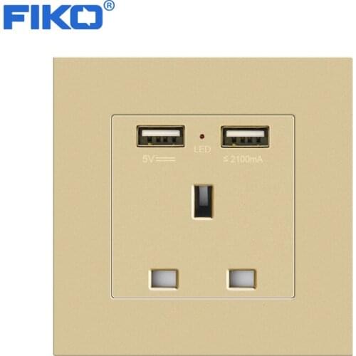 FIKO 13A British Gold PC panel standard With dual Usb 5V 2100mA , 86mm*86mm family hotel socket with USB wall power socket