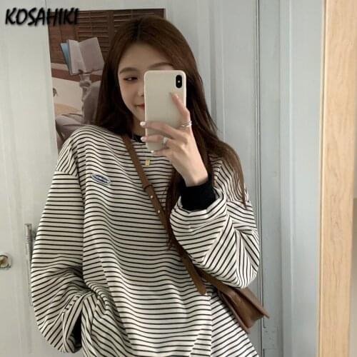KOSAHIKI Oversized Hoodie Women 2021 Autumn Korean Fashion Vintage O-neck Sweatshirt Girls Casual Streetwear Students Pullover