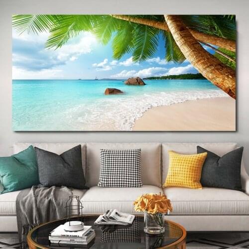 Tropical Island Plants Picture Coconut Tree Canvas Painting Wall Art Seascape Blue Sea Posters and Prints for Living Room Decor