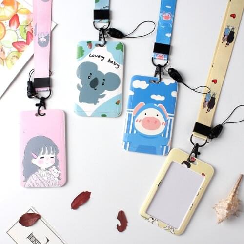 Slide Cover Type Work Card Holder for Staff Employees Cartoon Animal ABS Pass Access Card Cover Bus Card Sleeve with Lanyard