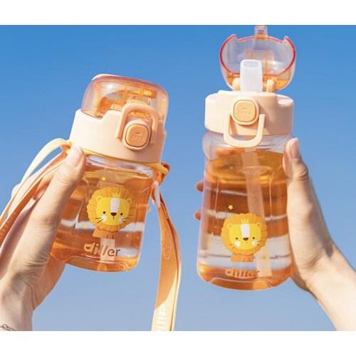 400ml/550ml Water Bottle Cup Animal Print Multi-purpose with Strap Transparent Cartoon Print Water Bottle with Straw for Student